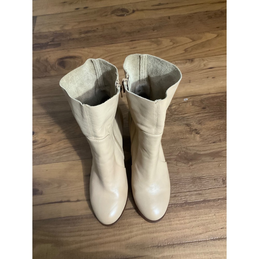 Chinese Laundry Cream Leather Ankle Boots Block Heel Beige Booties Size 9.5
